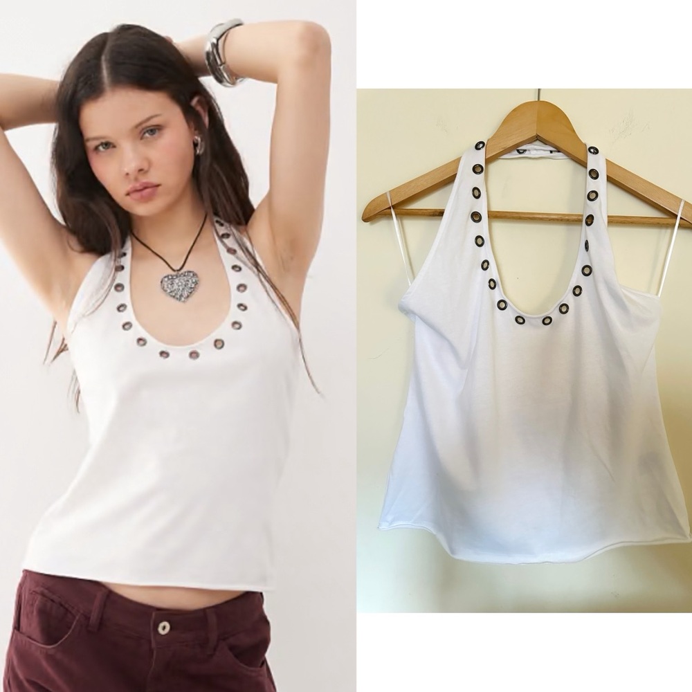 Weekday Halterneck Tank Top Womens Sz Medium‎ White with Silver Eyelet detail